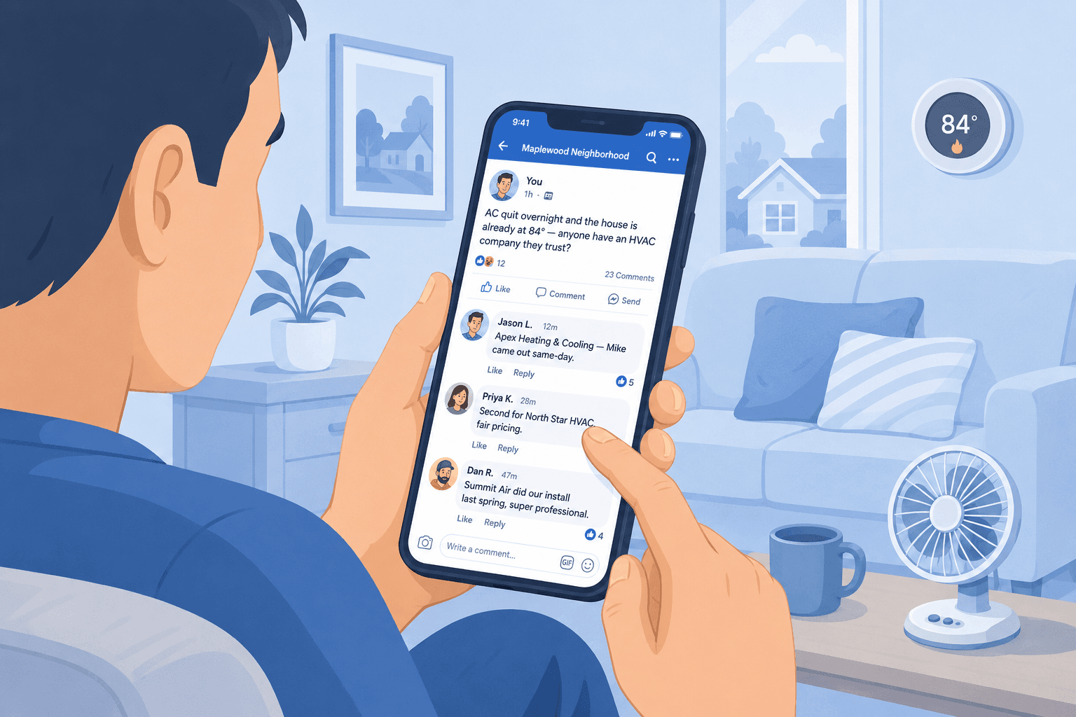 A homeowner scrolling through replies to their own neighborhood HVAC referral request on a phone, deciding which name to call first