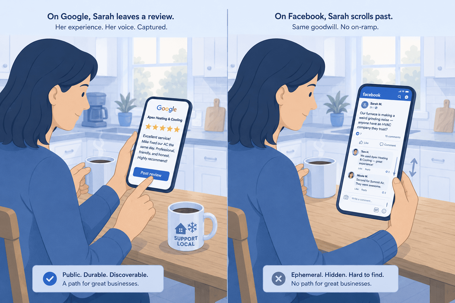 A split scene: on the left, Sarah at home tapping out a 5-star Google review of her HVAC company; on the right, the same Sarah scrolling past a neighbor's 'Anyone have an HVAC company they trust?' Facebook post without commenting