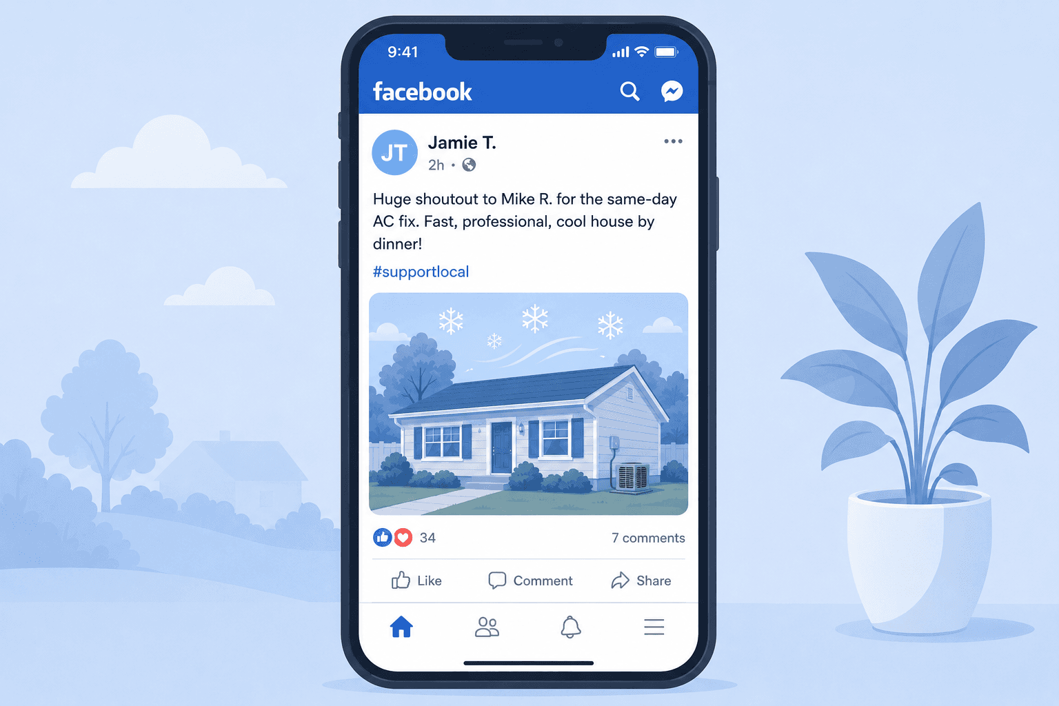 A Facebook post on a phone reading 'Huge shoutout to Mike R. for the same-day AC fix. Fast, professional, cool house by dinner! #supportlocal'